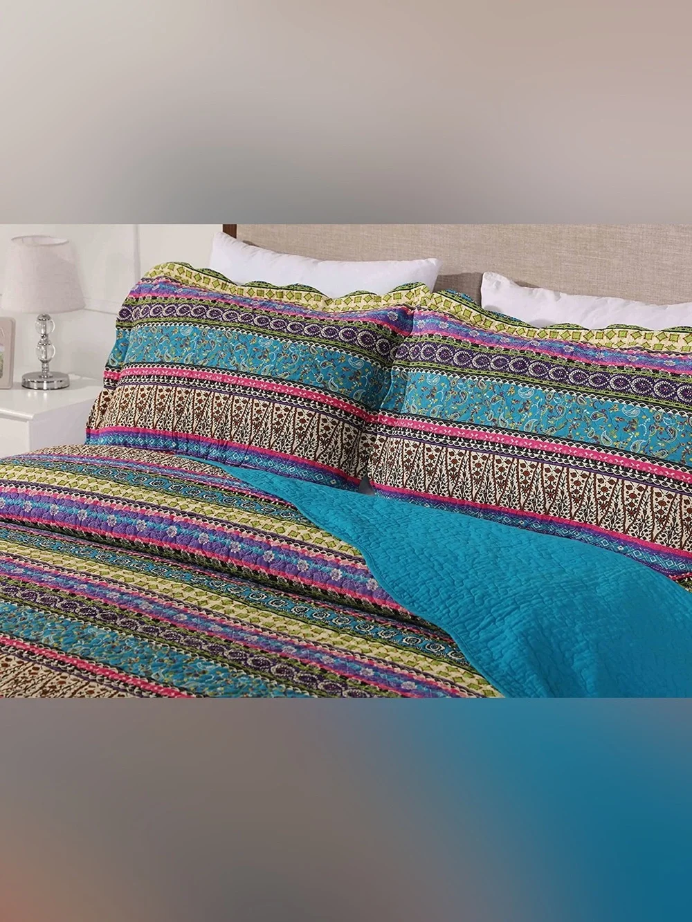 Bohemian Stripe king 3 piece Quilt Set in Turquoise and Purple 100% cotton